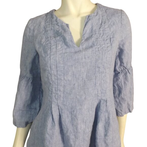 J.JILL Dress, S, Love Linen, Split neck, 3/4 Bell Sleeves, Blue, Short - Picture 2 of 11